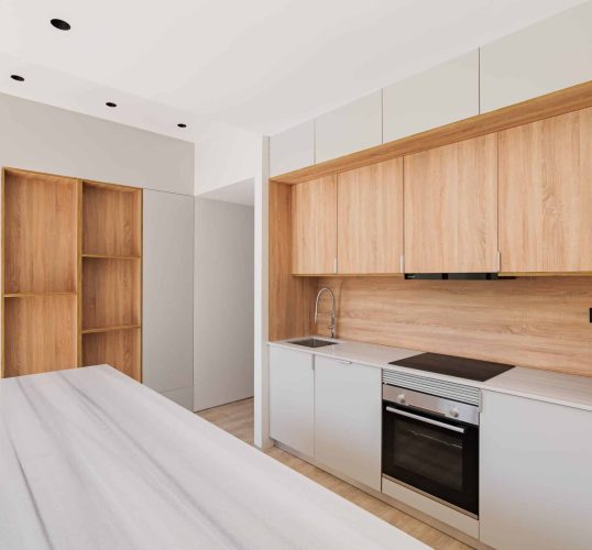 Modern,Kitchen,Interior,With,Island,And,Wooden,Furniture.,Empty,And